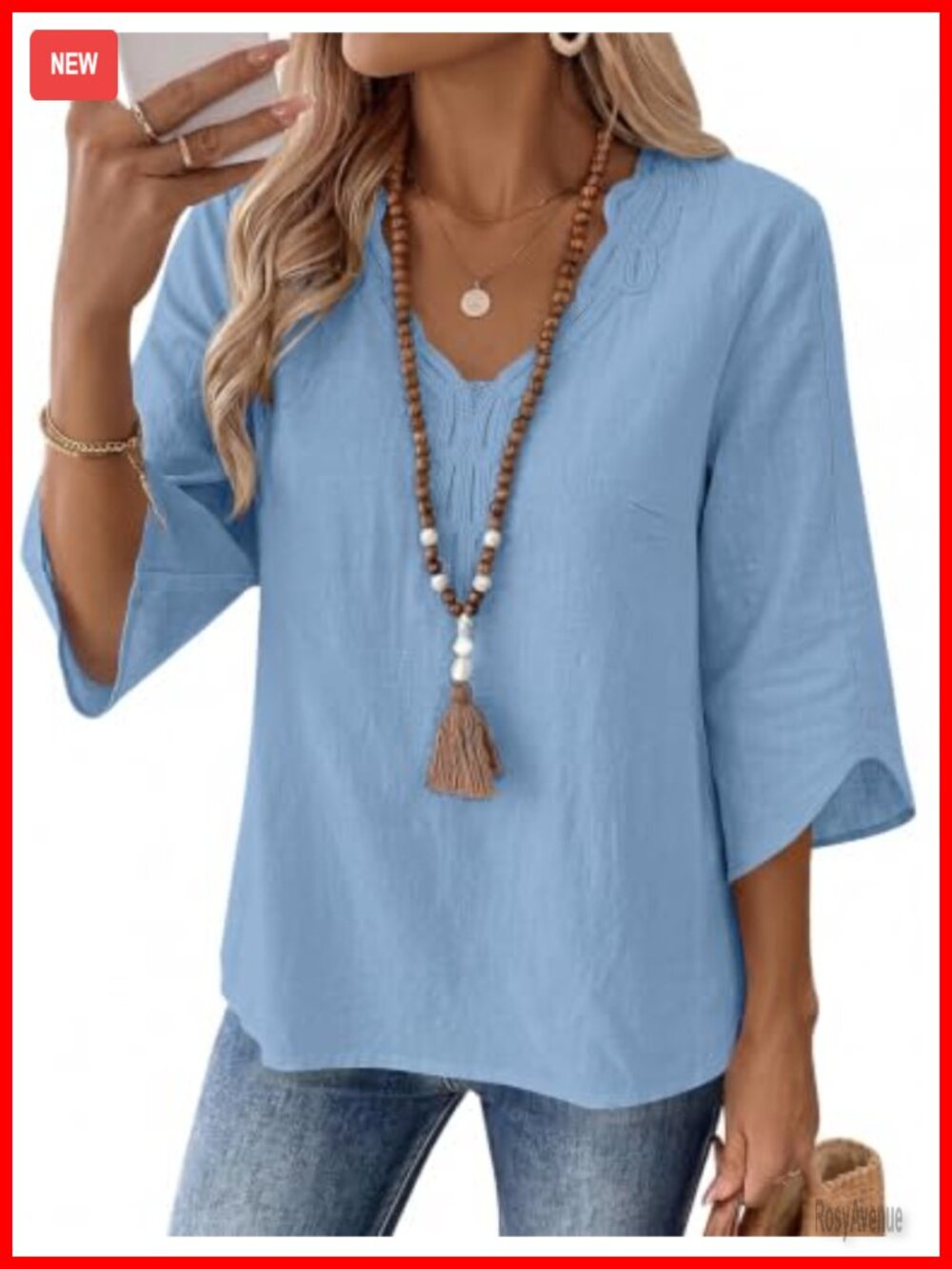 Linen Tunic Top 3/4 Flare Sleeve V Neck Lace T Shirt Loose Fit